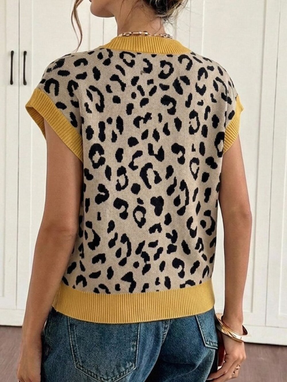 Multicolor Casual Women's Leopard Print Patchwork Knit Top - Picture 2 of 5
